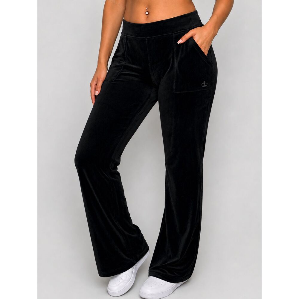 Juicy Couture Women XL Black Velour Pants Straight Leg Y2K Lounge Pocket